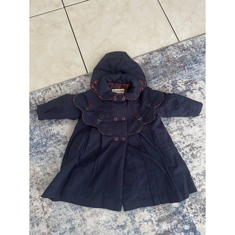 Rothschild Girls 2T Navy Winter Coat Purple Faux Fur Lined Floral Plaid Hooded